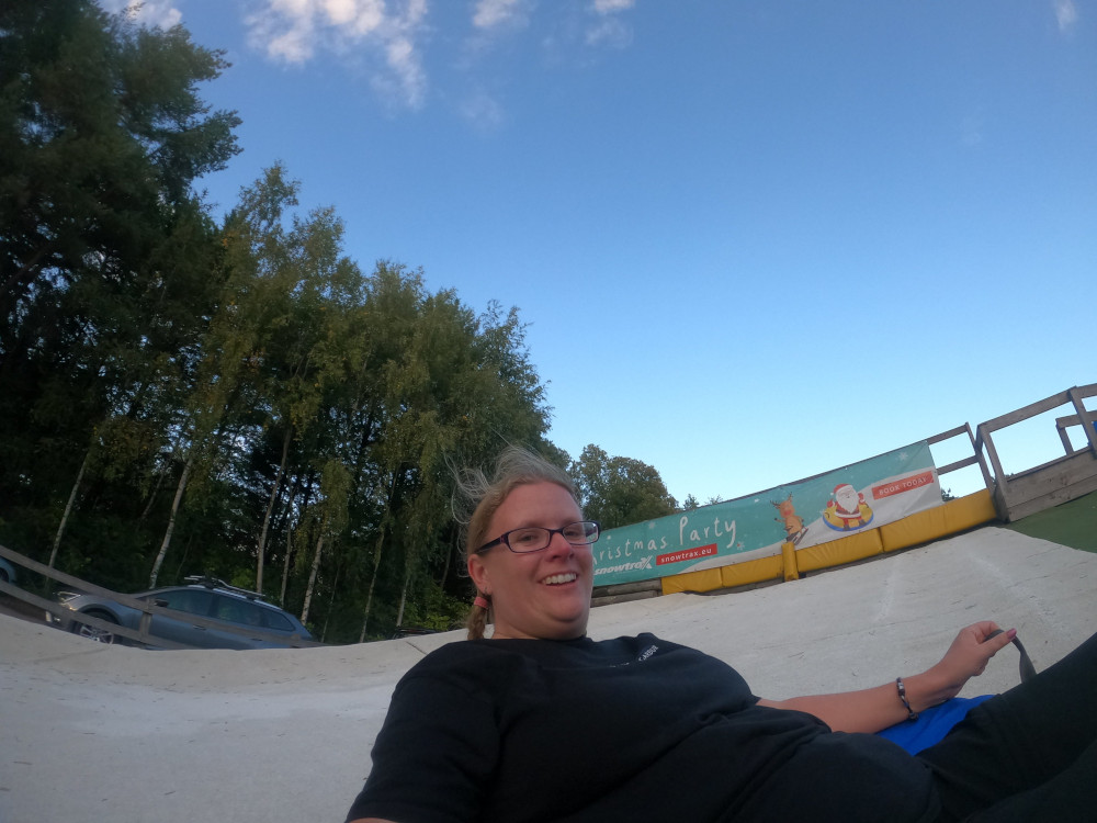 Selfie at the end of the run. Having been caught by the uphill bit at the end, I'm sliding back down to dismount, looking more happy than terrified here. I'm sure it's just a fluke.