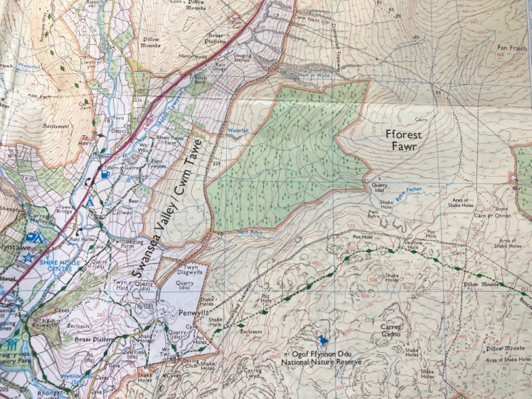 The region around the OFD nature reserve and Fforest Fawr on a 1:25 000 OS map.
