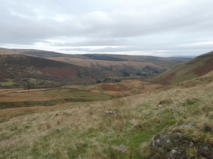 A view down the mountain, all rolls and folds. It's very autumnal; it's grassy but the grass is as much grey and brown as is it green.