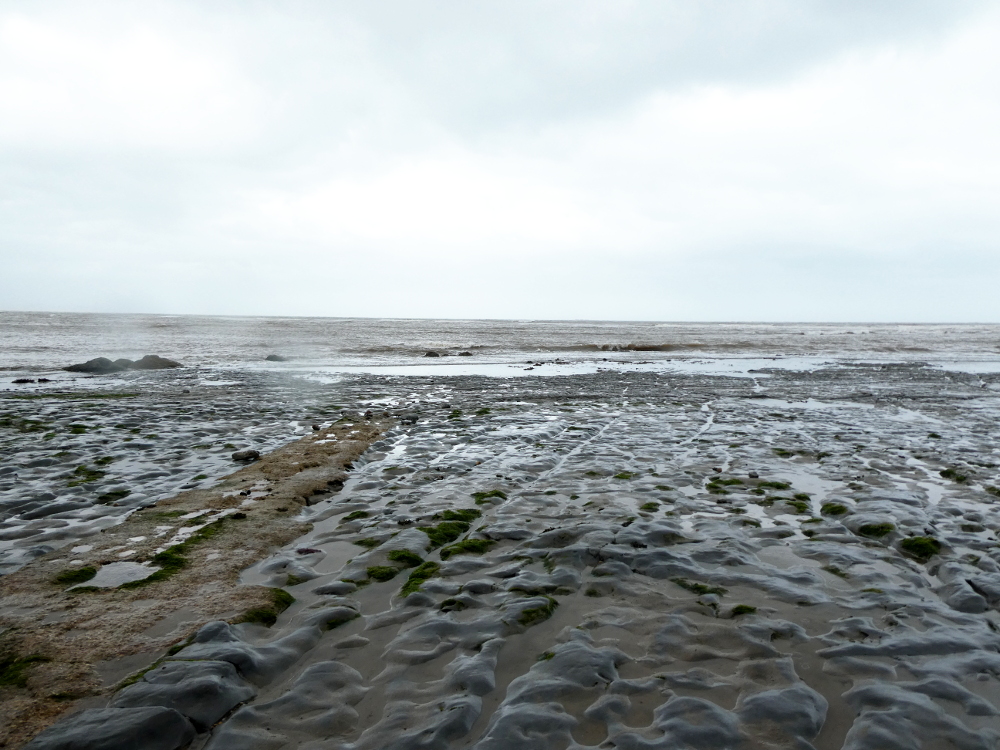 Ammonite pavement and stormy sea at low tide from Lyme Regis east cliffs