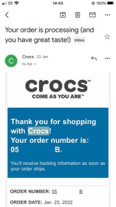 My Crocs confirmation email, with my order number rubbed out.
