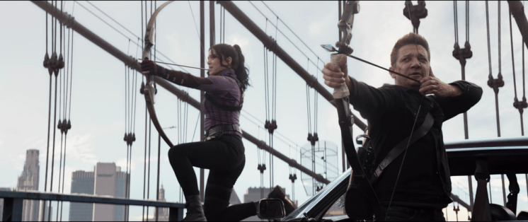 Screenshot of Kate and Hawkeye shooting right-eyed and left-eyed respectively