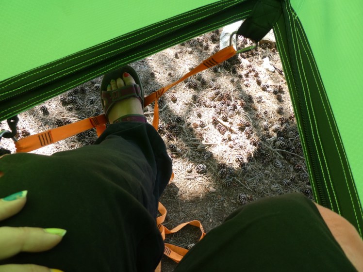 My feet hanging out of the tree tent's central hatch