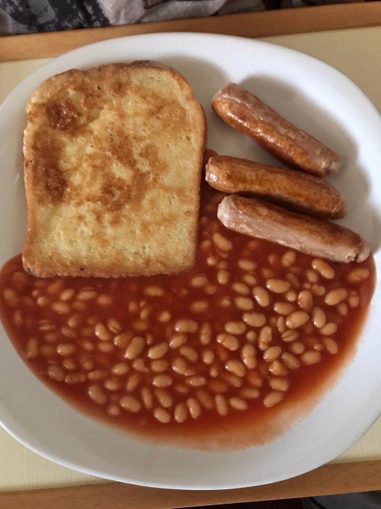 My Brownie got overexcited: eggy bread and also beans and sausages for her virtual sleepover breakfast.