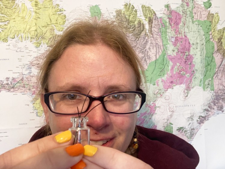 A close-up of my face, back in my office with Iceland tectonic map behind me, holding a jar about an inch tall containing three very fine hair-like black glass threads. My nails are painted white, yellow, orange, red and black to match the cooling lava but you can only see the yellow and orange ones in this picture.