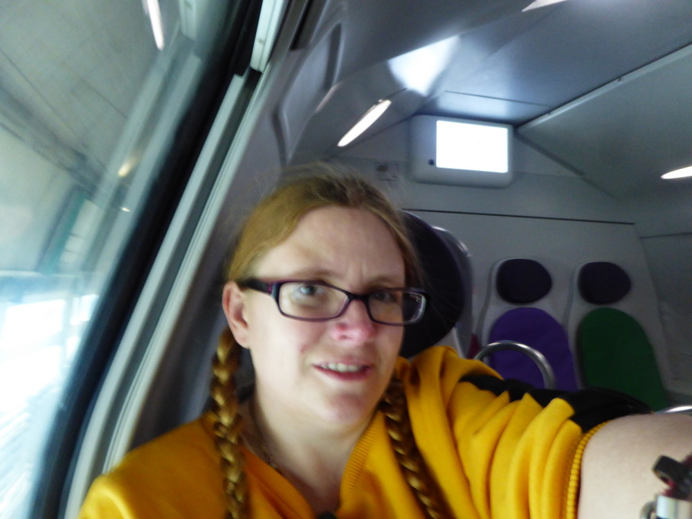 Blurry selfie on the shuttle train from the airport into Rome. I'm wearing a yellow sweatshirt and my hair is in two plaits.