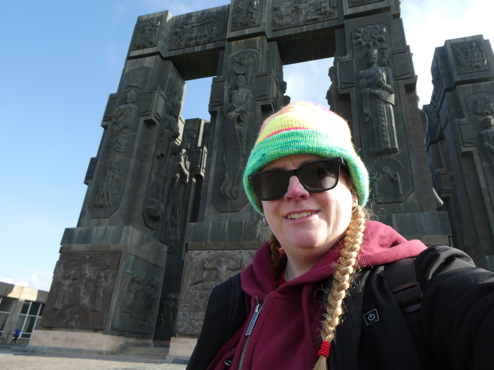 Me at the Chronicle of Georgia wearing my hat, my maroon hoodie and my heated electric coat.
