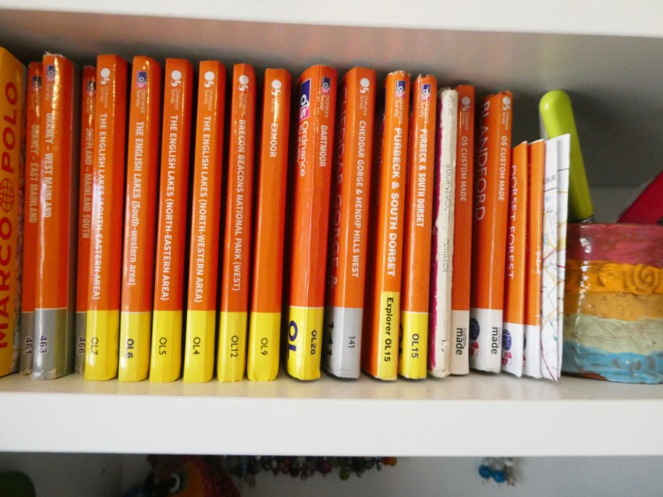 A narrow bookshelf containing a row of orange OS maps nicely lined up, plus a couple of miniature custom maps at the end.