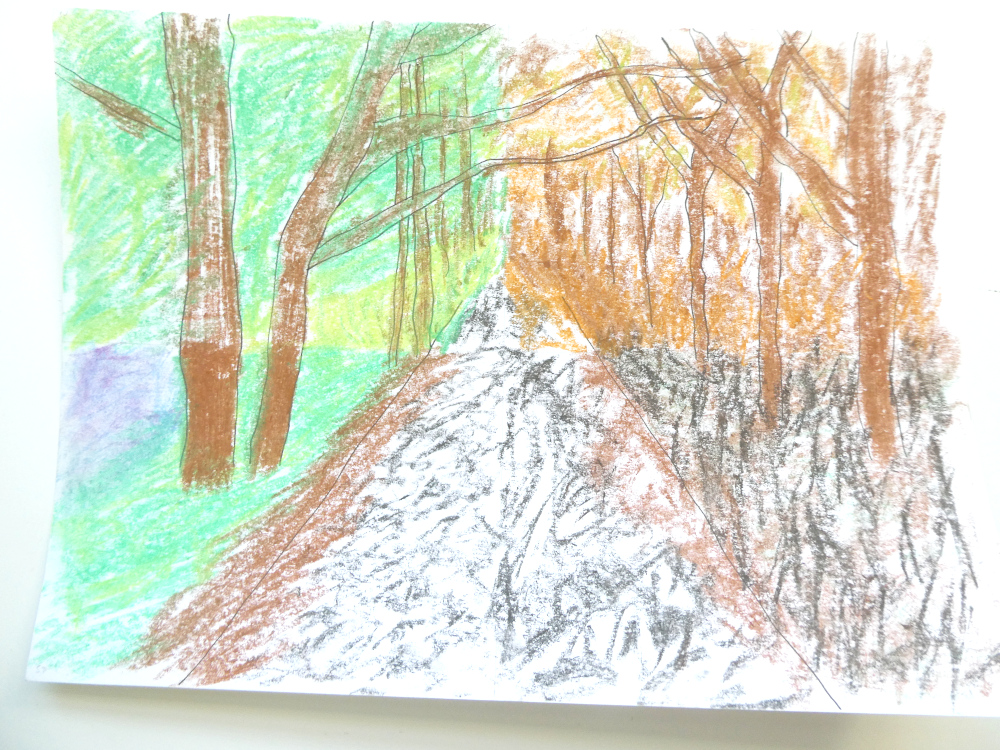A pastel sketch of a lane in the woods. The sketch is divided into quarters, showing a different season in each quarter.