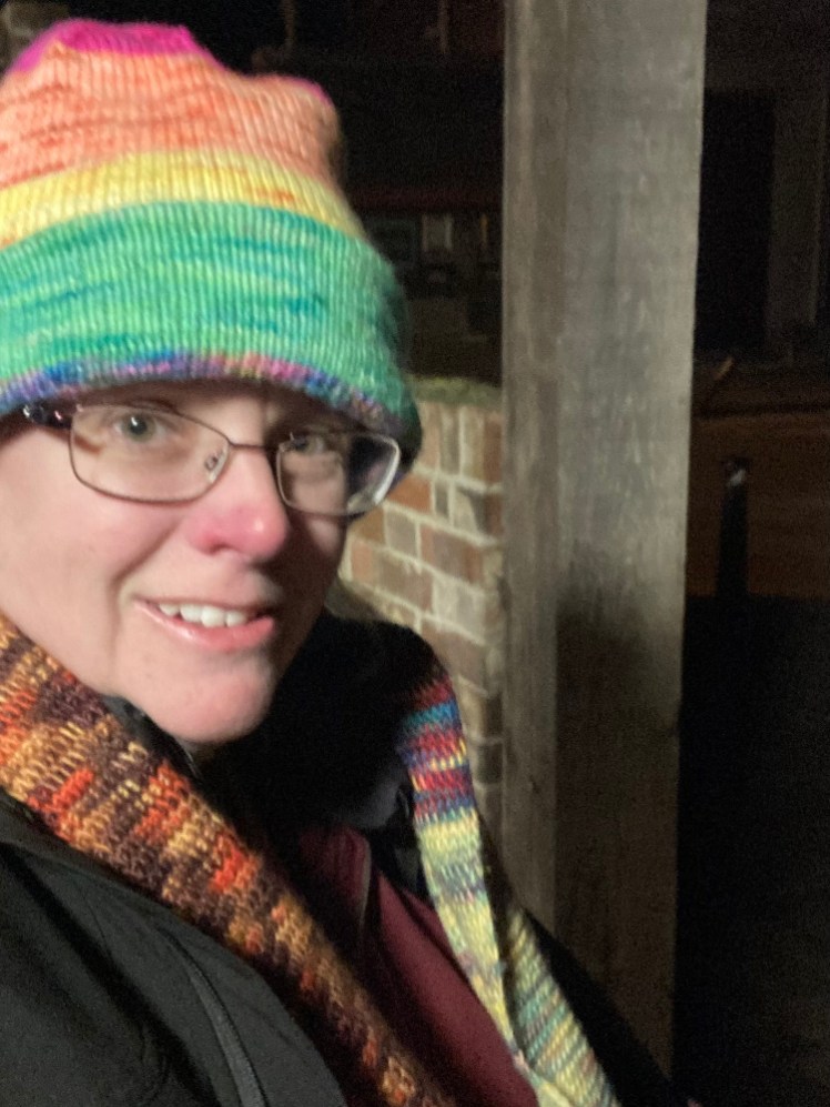 A selfie somewhere even I don't recognise on the way to or from Rangers a couple of weeks ago. There's a brick wall and a wooden post next to me and I'm wearing my Misfit scarf and hat.