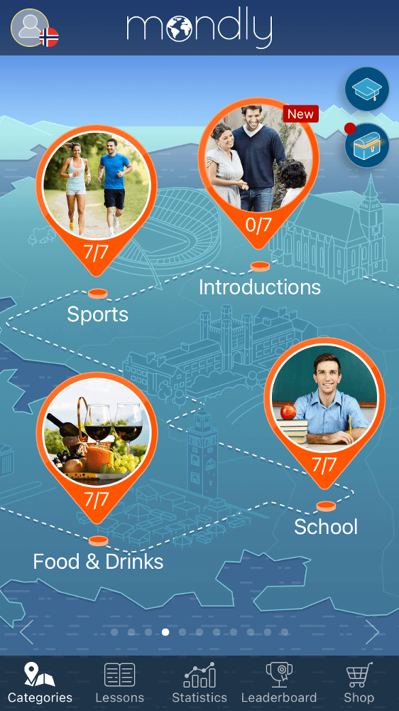 Mondly screenshot, showing some completed lessons and some not