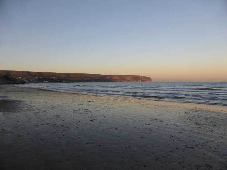 Swanage Beach at sunset in December