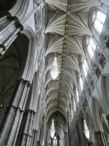The high vaulted Perpendicular Gothic ceiling of Westminster Abbey's nave.