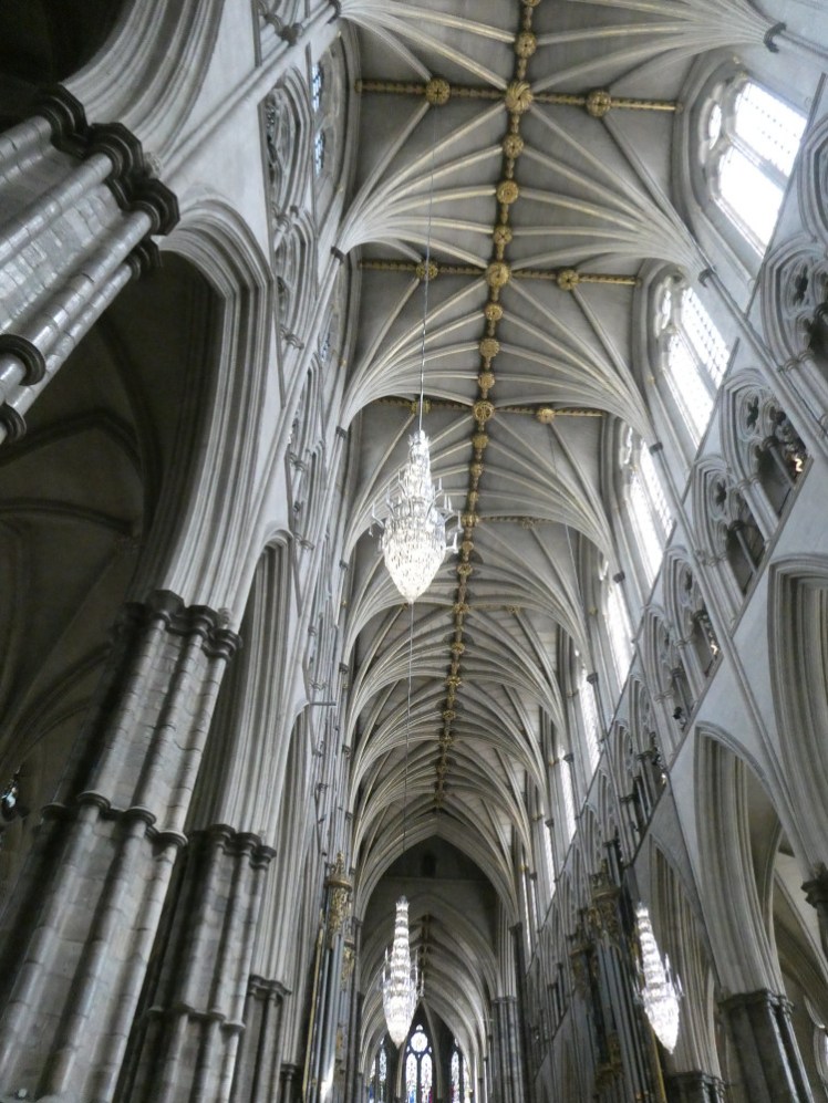 The high vaulted Perpendicular Gothic ceiling of Westminster Abbey's nave.