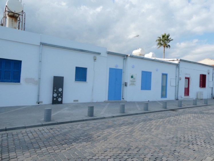 A line of single-storey white houses on the opposite side of the road by the sea, with different coloured doors and windows.