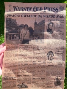 The front page of the Warsaw Old Press, a fake newspaper with a picture of me in pride of place, above an article in Polish about tourism in Warsaw.