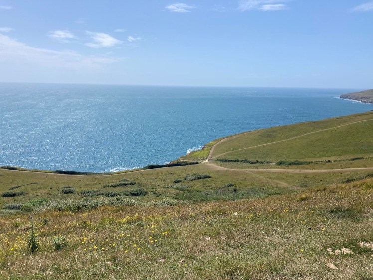 A steep hill, seen from the top. At the bottom, the land drops abruptly into the sea and even from here, you can see the waves crashing against the cliff although the open sea looks placid enough.