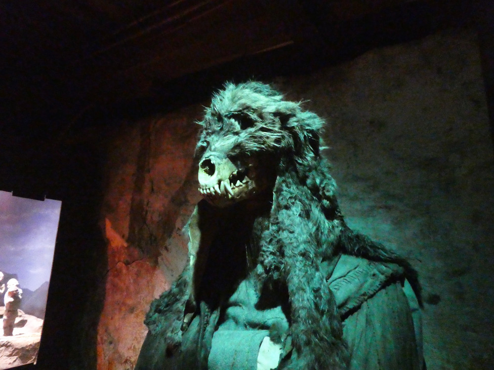 An exhibit from the Egil's Saga exhibition - a skeleton with a horse-like head, draped in ratty fur and lit in a greyish green. It makes sense in context but out of context, it's really creepy.