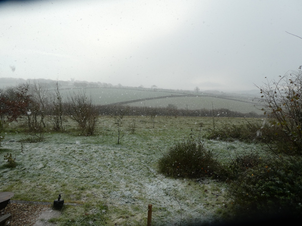 A green field and rolling hills in the middle distance, all a bit faded under a heavy cloud and snow. It's big flakes, big enough to see easily on camera. It only lasted a couple of minutes.