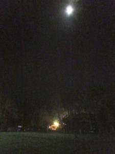 A photo taken from my phone and badly enhanced. In the top is a blurry full moon. In the bottom is the light over the gate of a winter illuminations walk. In the middle a little over to the left is a star. The whole photo is blurry and noisy and there's just not enough light to make out much of the grass and trees below.