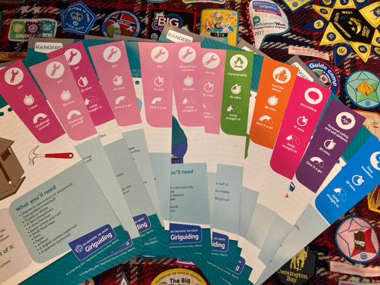 A rainbow of Ranger Unit Meeting Activity cards featuring all six themes but especially the Skills for my Future one, with the DIY cards fanned out on top.