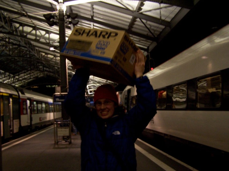 Angela at Lausanne station with her DVD player