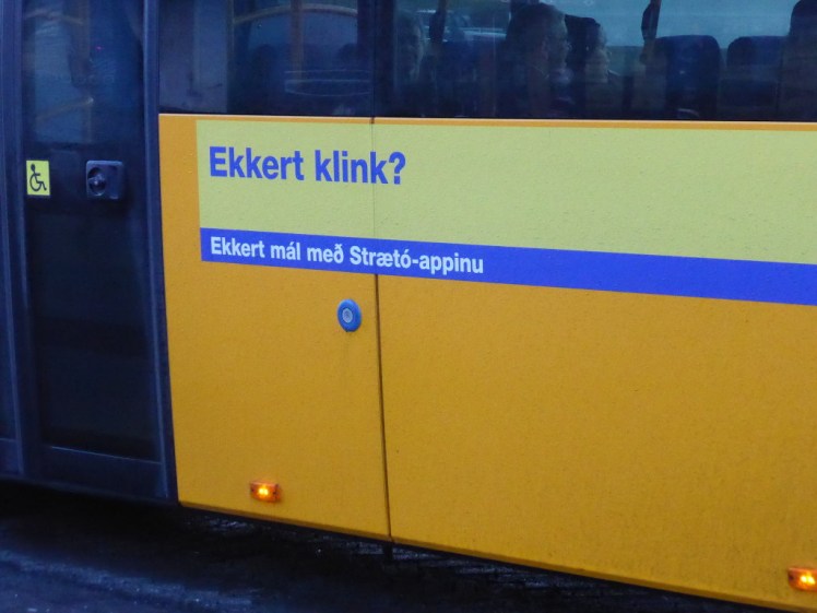 Strætó bus with "no coins?" app advert