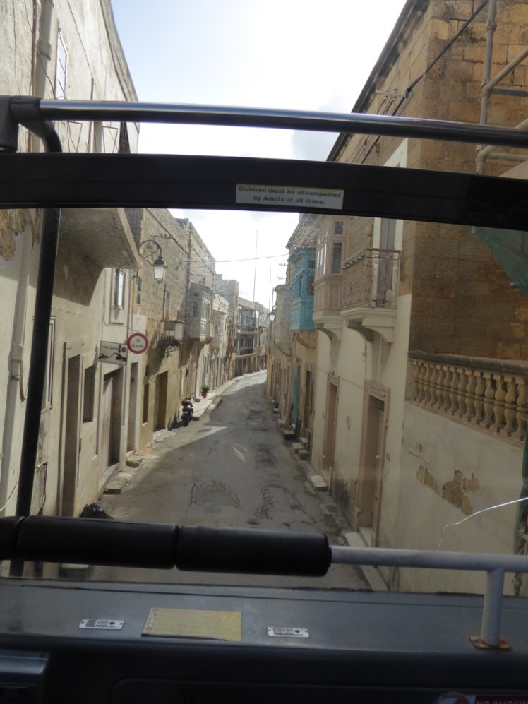 Bus down narrow streets in Rabat/Victoria, Gozo
