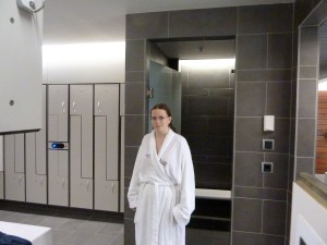 Me taking timer selfies in my robe in the Blue Lagoon changing rooms.