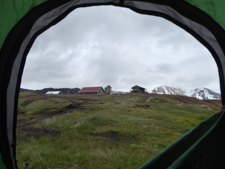 Tent hole overlooking the huts at Alftavatn