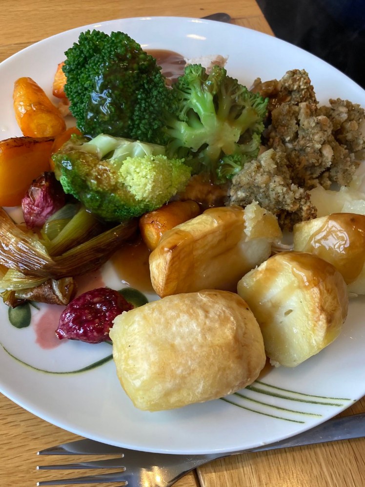 A roast dinner with homegrown roast carrots, leek and radishes. Ignore the rest, I didn't grow that. It's a colourful plate.
