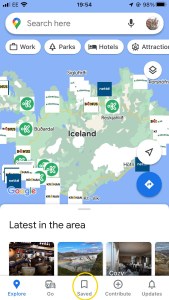 Google Maps app screenshot with the Saved icon circled in yellow. The map, obviously, is my Iceland supermarket map