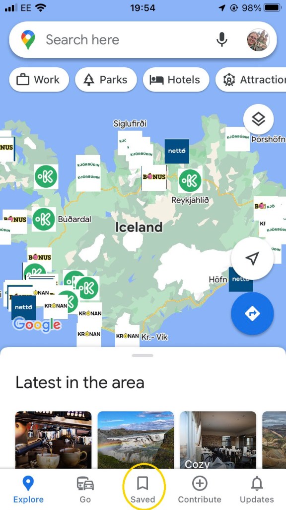 Google Maps app screenshot with the Saved icon circled in yellow. The map, obviously, is my Iceland supermarket map
