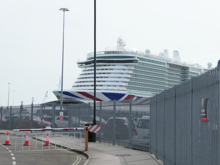 P&O's Iona docked in Southampton, which means there are fences and car parks between me and her because that's the closest I can get without documentation allowing me on board.
