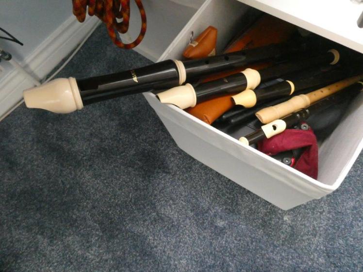 A box in my Kallax containing a tenor recorder, two treble recorders, two descant recorders, a recorder-piccolo, a mini accordion and a stereo.