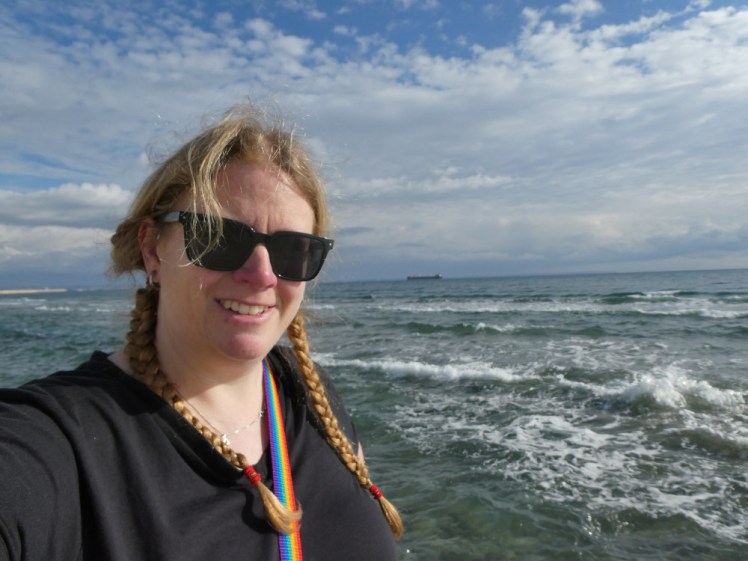 Monday morning on the seafront in Larnaca. I haven't replaited my hair from the night before so it's all a bit wild & woolly.