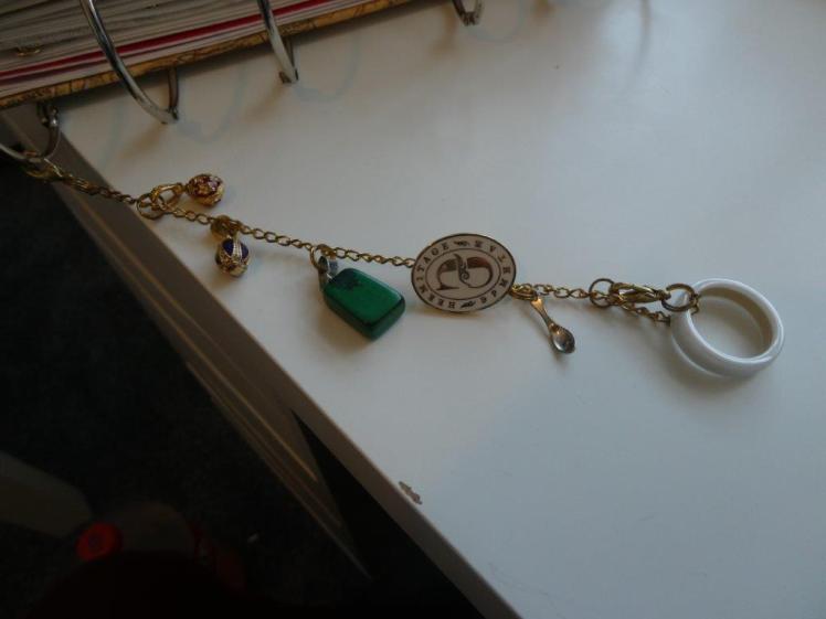 The souvenir/keyring chain attached to the outside of my Russia scrapbook. There are various small bits attached by miniature keyring rings.