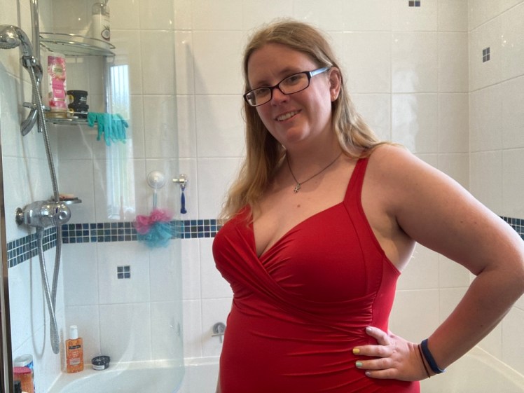 Me in my red swimsuit with my post-lockdown body