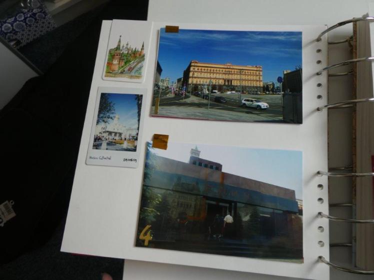 Another deceptively calm page. The other side of the magnetic bookmark is at the top here with an Instax of the Kazan Cathedral stuck underneath. Then there are two photos on the right, of the bus trip around central Moscow and of Lenin's tomb. Both have little gold pull-tags at the top.