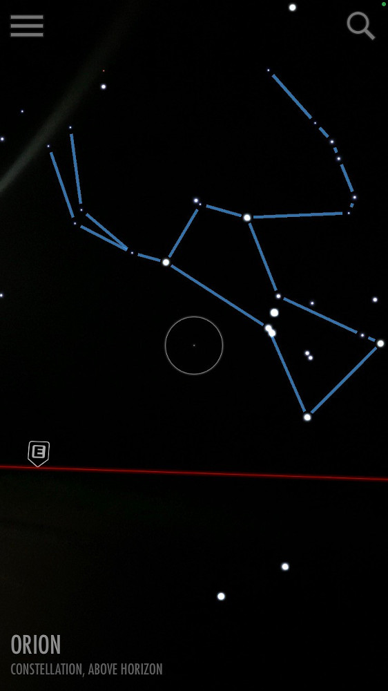 Screenshot from my SkyLite app showing Orion. The lines are drawn in blue and the horizon is a red line near the bottom. My phone isn't good enough to see the stars I'm actually pointing the camera at.