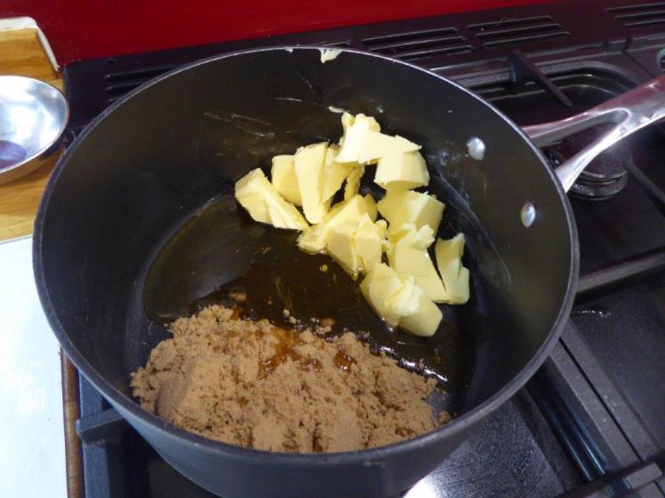 Making flapjack: butter, golden syrup and brown sugar in the pan