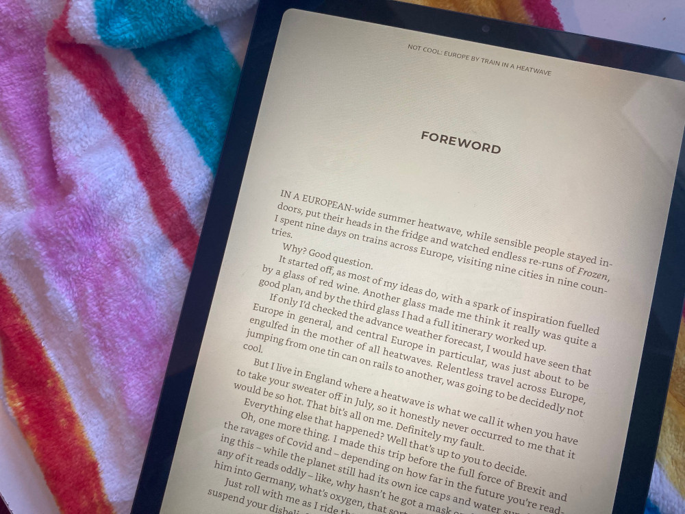 My tablet, lying on a stripy beach towel, displaying the Foreword chapter, explaining how this book and journey came about.