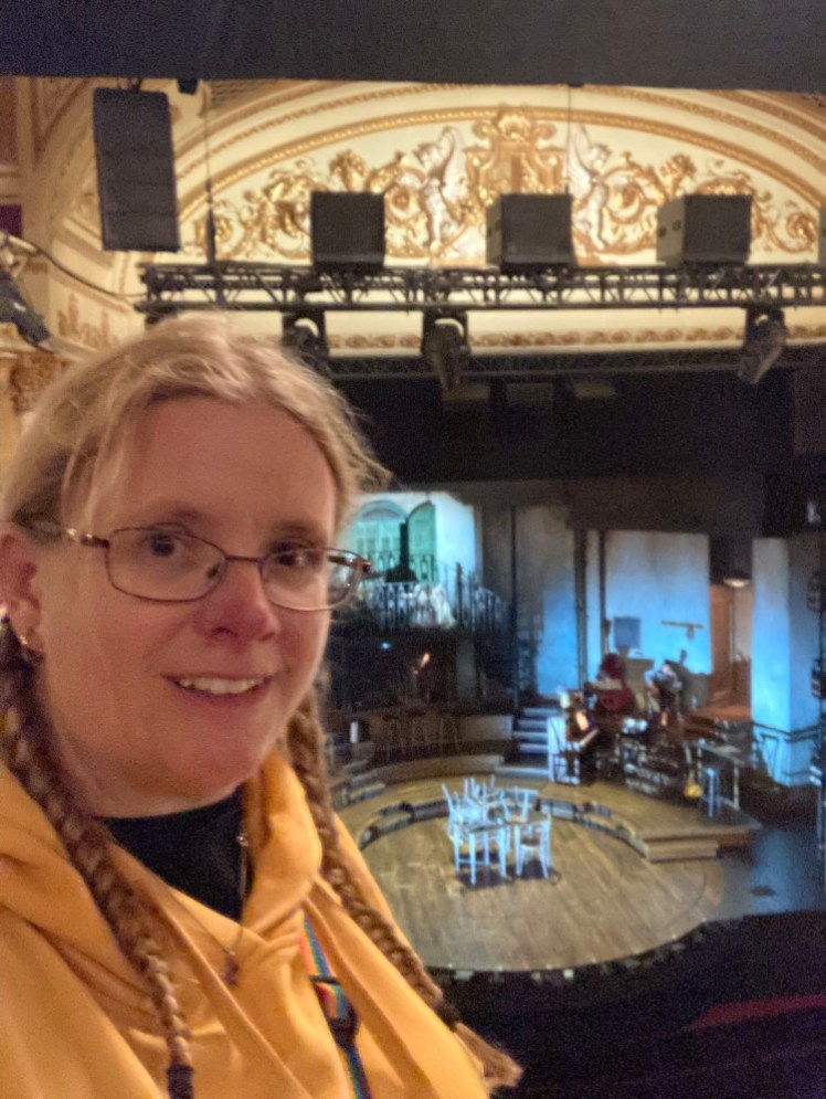 A selfie (I'm wearing a yellow hoodie) on the Grand Circle of the Lyric Theatre, overlooking the stage.