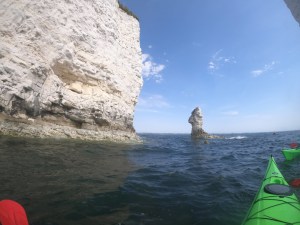 Old Harry's Wife, a short and spiky chalk stack which has clearly mostly collapsed.