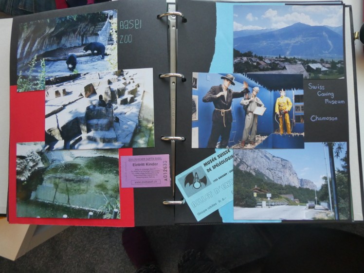 Two pages from my Swiss scrapbook, showing my visit and ticket to Basel Zoo and my visit and ticket to the Swiss Caving Museum in Chamoson