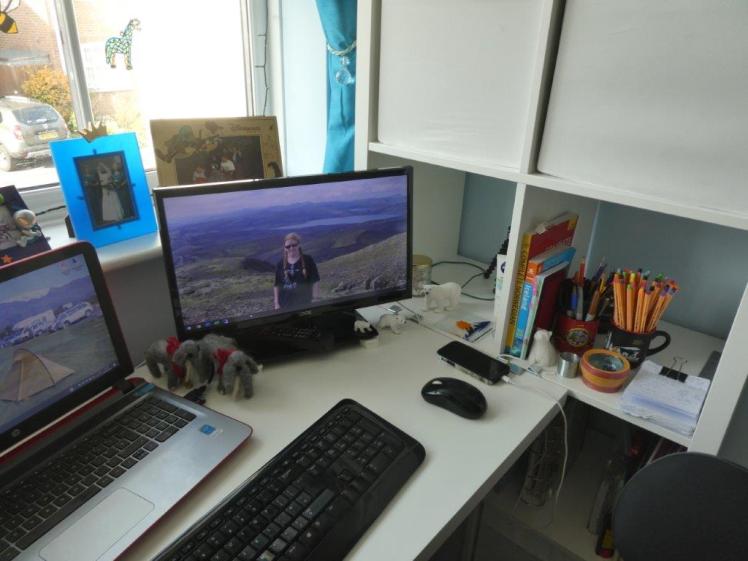My desk but a little closer up. Now the contents of the Kallax unit are visible - pen pots, reference books, notepad, moisturiser and a collection of small polar bears and elephants