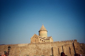 Svetitskhoveli Cathedral in Mtskheta peeking over its walls.
