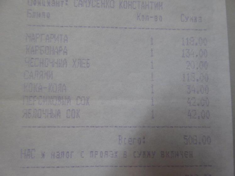 St Petersburg pizza receipt