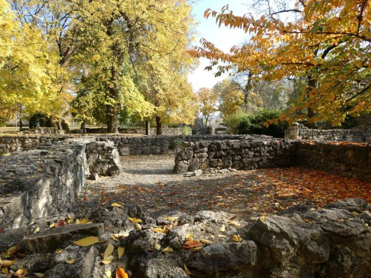 The ruins of an abbey, a labyrinth of low stone walls among the yellow trees.