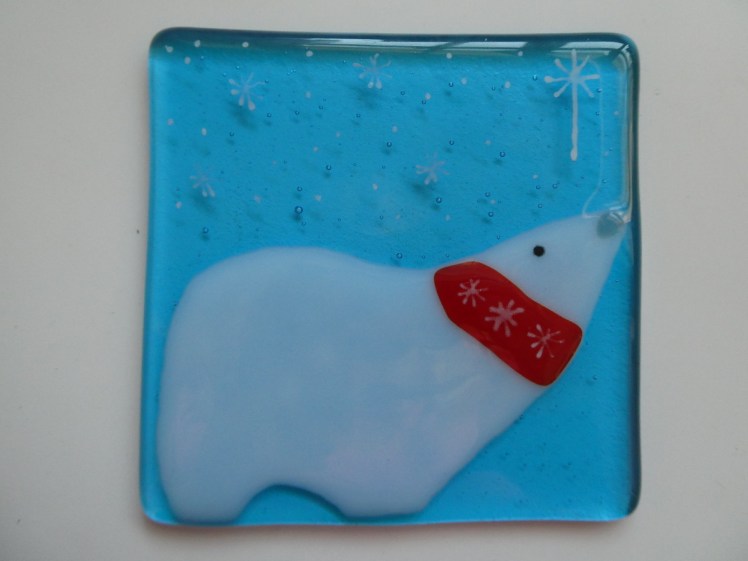 Finished fused glass polar bear coaster